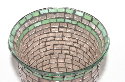 +MBA #S28-352   "Hand Made Pink & Green Stained Glass Mosiac Flower Vase"
