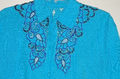 +MBAHB #19-064  "1980's Tropical Nights Blue Rayon Hand Beaded Long Shirt"