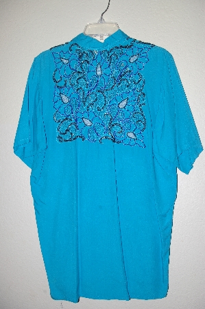 +MBAHB #19-064  "1980's Tropical Nights Blue Rayon Hand Beaded Long Shirt"