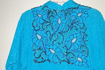 +MBAHB #19-064  "1980's Tropical Nights Blue Rayon Hand Beaded Long Shirt"