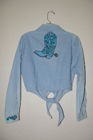 +MBAHB #13-076  "Retro 1980's Light Denim One Of A Kind Hand Beaded Front Tie Top"